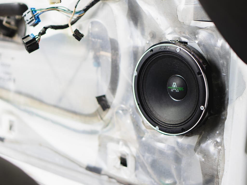 Deaf Bonce branded door speaker installed on Chevrolet Silverado.